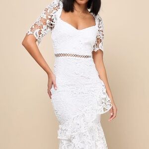 White Lace Ruffled Midi Dress
